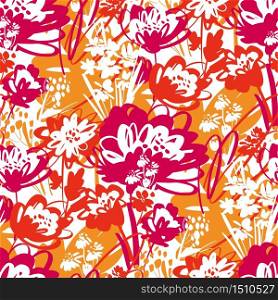 Vivid summer colors shabby chaotic meadow flower seamless pattern. Hand drawn tropical floral vector tile rapport for background, fabric, textile, wrap, surface, web and print design.. Vivid summer colors shabby chaotic meadow flower seamless pattern. Hand drawn tropical floral vector tile rapport for background, fabric, textile, wrap, surface, web and print design.