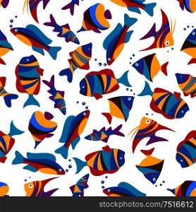 Vivid underwater world background with seamless pattern of school of bright exotic fishes with colorful stripes. Nature, tropical vacation, marine concept design. Bright colorful exotic fishes seamless pattern
