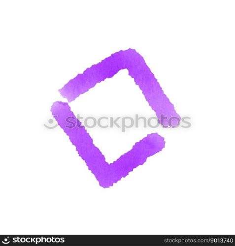Vivid violet, magenta background stroke, rhombus or quadrate shape. Abstract indication made with wet brush and watercolor. Simple artistic geometric shape isolated on white background. Clip art. Watercolor rhombus shaped stroke in violet color