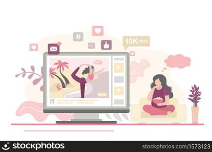 Vlog about healthy and sport lifestyle. Girl blogger standing in yoga pose. Fat overweight woman eating and watches fitness instructor blog. Woman fitness teacher on monitor screen. Vector illustration