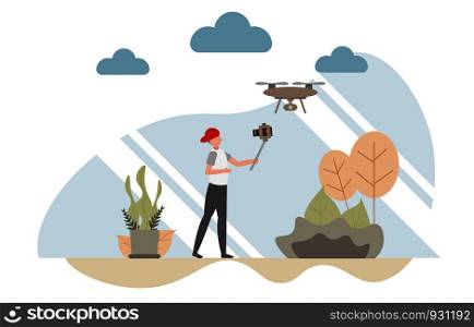 Vlog concept with character, A man holding camera selfie video blog with a drone copter.Creative flat design for web banner