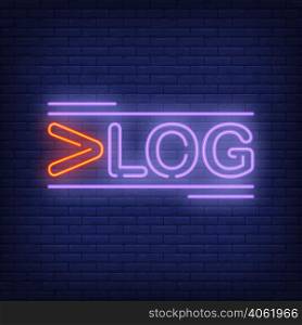 Vlog neon sign. Creative bright text with red first letter. Night bright advertisement. Vector illustration in neon style for video link and social media
