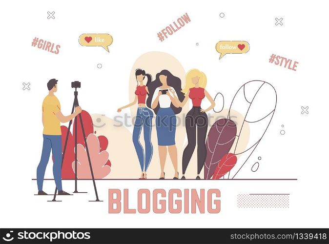 Vlog Recording, Digital Content Production Process, Streaming Live Video Online Concept. Blogging People, Man with Camera Filming Women, Shooting Footage for Blog Trendy Flat Vector Illustration