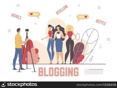 Vlog Recording, Digital Content Production Process, Streaming Live Video Online Concept. Blogging People, Man with Camera Filming Women, Shooting Footage for Blog Trendy Flat Vector Illustration