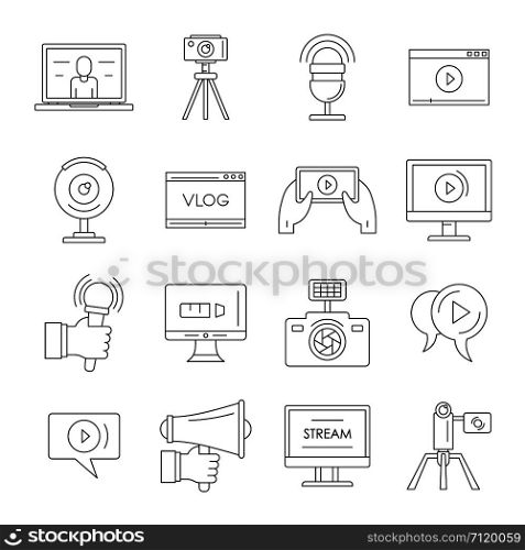 Vlog video channel logo icons set. Outline illustration of 16 vlog video channel logo vector icons for web. Vlog video channel logo icons set, outline style