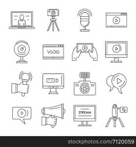 Vlog video channel logo icons set. Outline illustration of 16 vlog video channel logo vector icons for web. Vlog video channel logo icons set, outline style