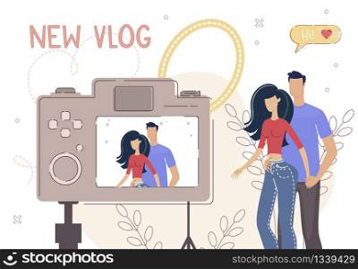 Vlogging Hobby, Internet Entertainment, Media Content Creating Concept. Man and Woman, Couple in Romantic Relations Recording Video on Camera, Streaming Lifestyle Vlog Trendy Flat Vector Illustration