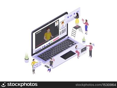 Vlogging isometric vector illustration. Video streaming and hosting. Social media and blogging 3d concept. Views, subscribers, likes gathering. Video tutorials. Content sharing. Isolated clipart. Vlogging isometric vector illustration