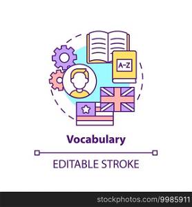 Vocabulary concept icon. Language learning category idea thin line illustration. Wordstock, word-stock. Vocabulary development. Vector isolated outline RGB color drawing. Editable stroke. Vocabulary concept icon