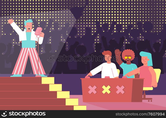 Vocal competition flat composition with voice singing competition and characters of judges with singer on stage vector illustration