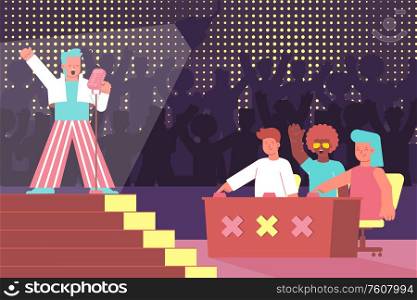 Vocal competition flat composition with voice singing competition and characters of judges with singer on stage vector illustration