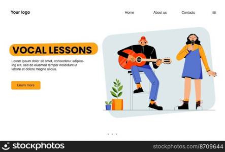 Vocal lessons web banner. Landing page of music school or online vocal courses with female character singing with microphone and teacher playing guitar, line art flat vector illustration. Vocal lessons web banner of music school, courses