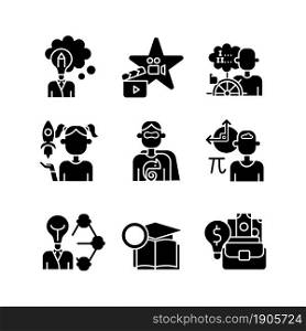 Vocation black glyph icons set on white space. Professional and educational abilities. Networking and entrepreneurship talent. Business skills. Silhouette symbols. Vector isolated illustration. Vocation black glyph icons set on white space
