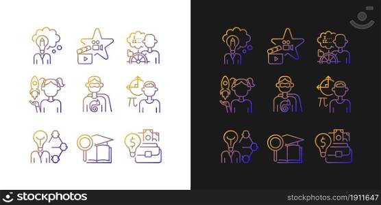 Vocation gradient icons set for dark and light mode. Professional and educational abilities. Thin line contour symbols bundle. Isolated vector outline illustrations collection on black and white. Vocation gradient icons set for dark and light mode