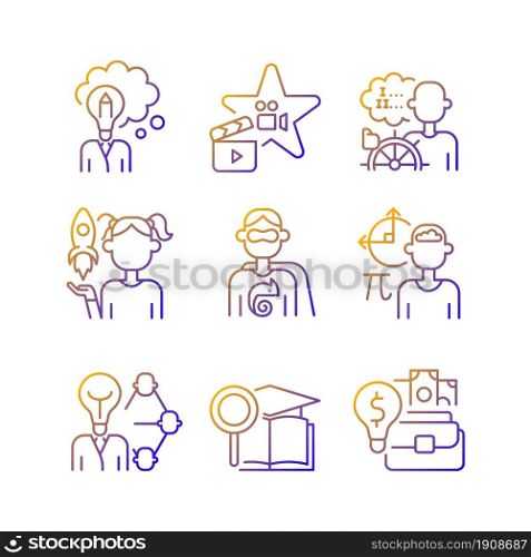 Vocation gradient linear vector icons set. Professional and educational abilities. Networking and entrepreneurship talent. Thin line contour symbols bundle. Isolated outline illustrations collection. Vocation gradient linear vector icons set