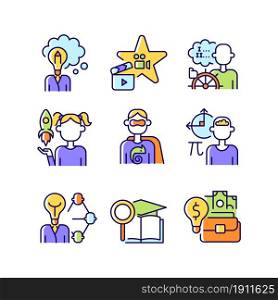 Vocation RGB color icons set. Professional and educational abilities. Networking and entrepreneurship talent. Business skills. Isolated vector illustrations. Simple filled line drawings collection. Vocation RGB color icons set