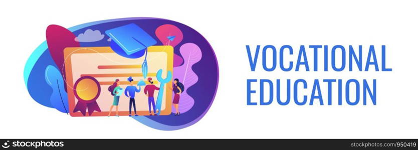 Vocational specialists graduating and diploma with graduation cap. Vocational education, professional learning, online vocational education concept. Header or footer banner template with copy space.. Vocational education concept banner header.