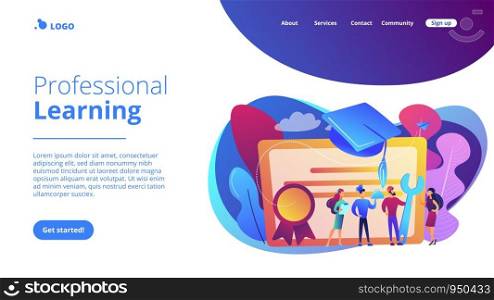 Vocational specialists graduating and diploma with graduation cap. Vocational education, professional learning, online vocational education concept. Website vibrant violet landing web page template.. Vocational education concept landing page.