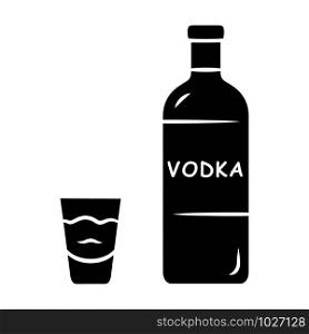 Vodka glyph icon. Bottle and shot glass with drink. Clear distilled alcoholic beverage consumed for drink and in cocktails. Silhouette symbol. Negative space. Vector isolated illustration