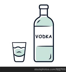 Vodka grey color icon. Bottle and shot glass with drink. Clear distilled alcoholic beverage consumed for drink and in cocktails. Isolated vector illustration