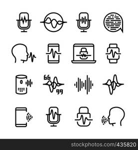 Voice and speech recognition, cellular network vector icons. Mic command and hearing symbols. Illustration of voice recognition, innovation command. Voice and speech recognition, cellular network vector icons. Mic command and hearing symbols