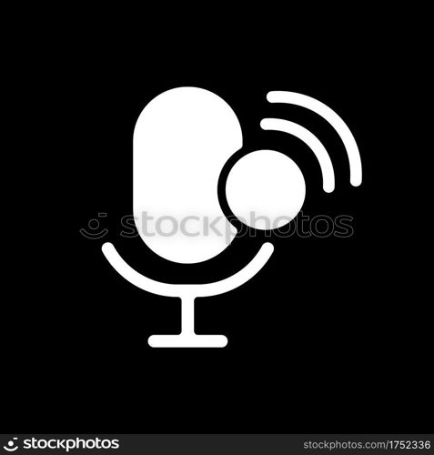 Voice assistant app dark mode glyph icon. Mobile application. Recording on mic. Voice recognition. Smartphone UI button. White silhouette symbol on black space. Vector isolated illustration. Voice assistant app dark mode glyph icon