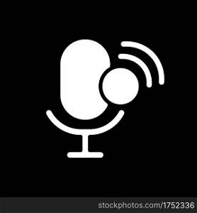 Voice assistant app dark mode glyph icon. Mobile application. Recording on mic. Voice recognition. Smartphone UI button. White silhouette symbol on black space. Vector isolated illustration. Voice assistant app dark mode glyph icon