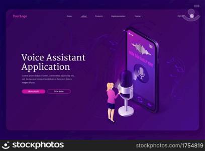 Voice assistant application isometric landing page. Speaker command recognition smart app, digital identification technologies. Tiny woman stand at huge smartphone with microphone 3d vector web banner. Voice assistant application isometric landing page
