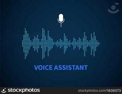Voice assistant. Color sound recognition wave, and microphone icon button, voice or sound recorder, stereo system background, equalizer application, audio spectrum line vector blue colors illustration. Voice assistant. Color sound recognition wave, and microphone icon button, voice or sound recorder, stereo system background, equalizer application, audio spectrum line vector illustration