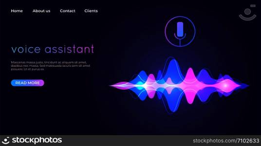 Voice assistant landing page. Voice recognition illustration. Microphone sound control technology vector web page recording audio information. Voice assistant landing page. Voice recognition illustration. Microphone sound control technology web page