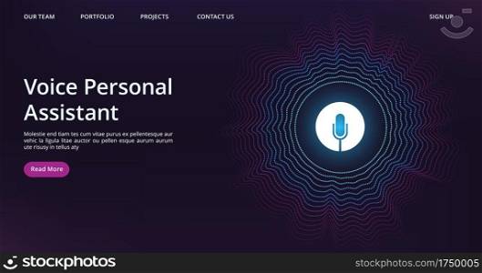 Voice assistant landing. Web page template with vector sound wave and microphone. Illustration voice assistant technology, microphone personal help. Voice assistant landing. Web page template with vector sound wave and microphone