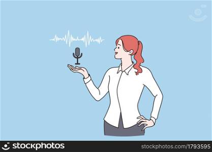 Voice assistant, speaker recognition concept. Smiling woman cartoon character standing showing voice controlled smart speaker activated digital assistants vector illustration. Voice assistant, speaker recognition concept.