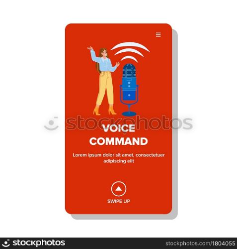 Voice Command Personal Assistant Talk Girl Vector. Young Girl Speak Voice Command For Control Or Create Task On Smartphone Application. Character Audio Microphone Web Flat Cartoon Illustration. Voice Command Personal Assistant Talk Girl Vector