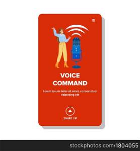 Voice Command Personal Assistant Talk Girl Vector. Young Girl Speak Voice Command For Control Or Create Task On Smartphone Application. Character Audio Microphone Web Flat Cartoon Illustration. Voice Command Personal Assistant Talk Girl Vector