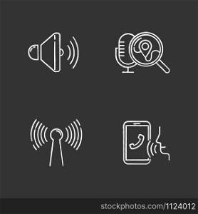Voice control apps chalk icons set. Mobile voice commands idea. Sound recorder, search request. Innovative wireless technology. Speech recognition.Isolated vector chalkboard illustrations