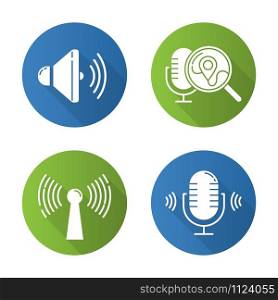 Voice control apps flat design long shadow glyph icons set. Mobile voice commands idea. Sound recorder, smart devices, search request. Innovative wireless technology. Vector silhouette illustration