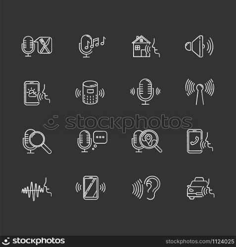 Voice control chalk icons set. Sound request idea. Speech recognition process. Microphone using modes, recording equipment. Remote controlled apps. Isolated vector chalkboard illustrations