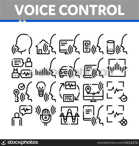 Voice Control Collection Elements Icons Set Vector Thin Line. Voice Controlling Smart House And Car, Laptop And Smartphone Concept Linear Pictograms. Monochrome Contour Illustrations. Voice Control Collection Elements Icons Set Vector
