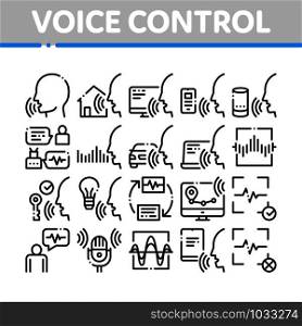 Voice Control Collection Elements Icons Set Vector Thin Line. Voice Controlling Smart House And Car, Laptop And Smartphone Concept Linear Pictograms. Monochrome Contour Illustrations. Voice Control Collection Elements Icons Set Vector