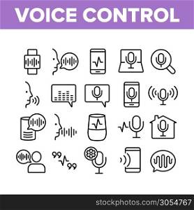 Voice Control Command Collection Icons Set Vector Thin Line. Laptop And Smartphone, Smart Home And Assistant Voice Control Concept Linear Pictograms. Monochrome Contour Illustrations. Voice Control Command Collection Icons Set Vector