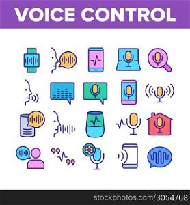 Voice Control Command Collection Icons Set Vector Thin Line. Laptop And Smartphone, Smart Home And Assistant Voice Control Concept Linear Pictograms. Color Contour Illustrations. Voice Control Command Collection Icons Set Vector