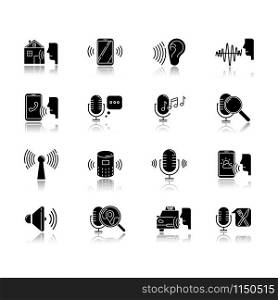 Voice control drop shadow black glyph icons set. Sound request. Remote controlled apps. Speech recognition process. Microphone using modes, recording equipment. Isolated vector illustrations