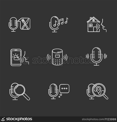 Voice control system chalk icons set. Sound requests idea. Different microphones. Music recognition, sound record. Virtual asisstance, standart voice commands. Isolated vector chalkboard illustrations