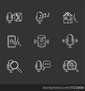 Voice control system chalk icons set. Sound requests idea. Different microphones. Music recognition, sound record. Virtual asisstance, standart voice commands. Isolated vector chalkboard illustrations