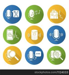 Voice control system flat design long shadow glyph icon. Sound requests. Different microphones. Music recognition, sound record. Virtual asisstance, voice commands. Vector silhouette illustration