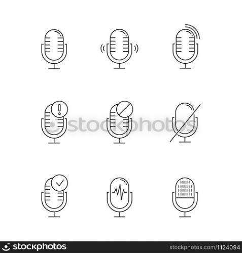 Voice control system linear icons set. Different microphones. Music recognition, sound record. Virtual asisstance. Thin line contour symbols. Isolated vector outline illustrations. Editable stroke