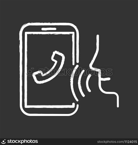 Voice dialing chalk icon. Smartphone call idea. Voice control, speech recognition. Phone conversation. Cellphone function, dialogue. Sound command system. Isolated vector chalkboard illustration
