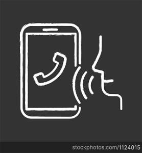 Voice dialing chalk icon. Smartphone call idea. Voice control, speech recognition. Phone conversation. Cellphone function, dialogue. Sound command system. Isolated vector chalkboard illustration