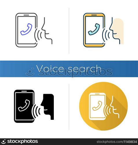 Voice dialing icons set. Smartphone call idea. Voice control, speech recognition.Phone conversation.Cellphone function, dialogue. Linear, black and color styles. Isolated vector illustrations