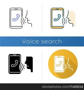Voice dialing icons set. Smartphone call idea. Voice control, speech recognition.Phone conversation.Cellphone function, dialogue. Linear, black and color styles. Isolated vector illustrations